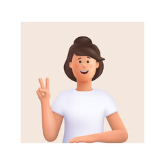 Young smiling woman showing peace victory sign. 3d vector people character illustration. Cartoon minimal style.