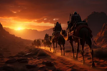 Poster Camel caravan trekking through the Sahara, Generative AI. © Shooting Star Std
