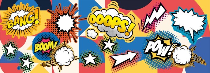 Comic illustration with retro, vintage elements. Wallpaper multicoloured, graffiti collage style.