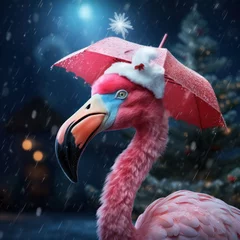 Fotobehang On a chilly winter day, a vibrant pink flamingo with an umbrella stands out amongst a snowman and other animals, symbolizing the hope and joy of the upcoming christmas and new year holidays © mockupzord