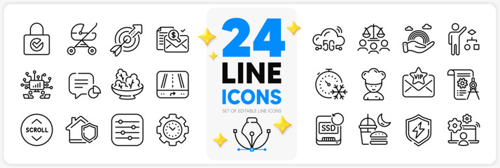 Icons set of Baby carriage, Filter and Recovery ssd line icons pack for app with Password encryption, Freezing timer, Lgbt thin outline icon. Divider document, Time management. Vector