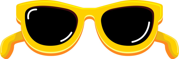 Yellow sunglasses with black lens isolated on white background. Cartoon funny kids orange summer sunglasses icon, label and sign. Cool hipster Sunglasses vector graphic illustration