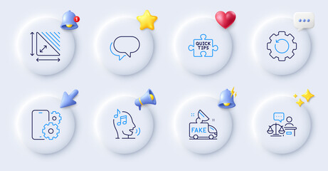 Fake news, Triangle area and Recovery gear line icons. Buttons with 3d bell, chat speech, cursor. Pack of Phone service, Talk bubble, Voicemail icon. Quick tips, Court judge pictogram. Vector