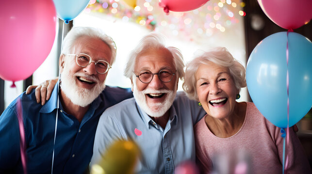 Portrait of happy group of senior people smiling and celebrating a birthday party with balloons and cake at a retirement home. Elderly people lifestyle