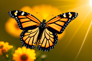 Monarch butterfly flying over yellow flower