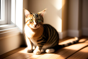 Cat sitting on wooden floor by a window