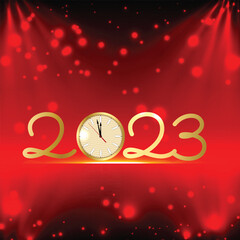 new year holiday post design with red background and golden 2023 text and light effect vector file