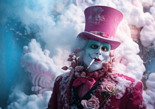 On a cold winter's day, a man stands in the snow wearing a festive garment, a cigarette dangling from his lips, surrounded by colorful decorations and toys of the season - a reminder that even amidst