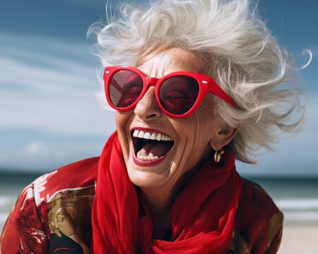 On A Wintery Beach, A Woman With Red Sunglasses Laughed With Joy, Celebrating The Holidays In Her Cool Eyewear Accessory