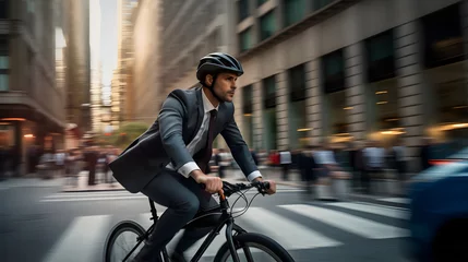 Foto op Aluminium businessman in suit and helmet riding bicycle in city cycling to work © AspctStyle