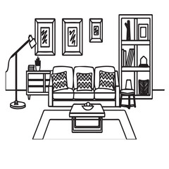 Hand drawn living room interior design with home furniture. Doodle line art vector illustration. room design vector.
