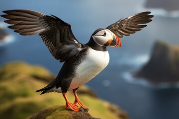 Puffin flying with open wings on a rock. Iceland. Atlantic Puffin or Common Puffin, Fratercula arctica, Norway, AI Generated