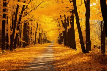 Beautiful autumn landscape with road in the forest and yellow leaves. Autumn forest scenery with road of fall leaves & warm light illumining the gold foliage, AI Generated