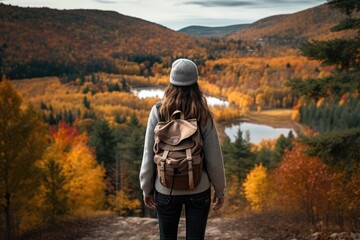 A girl with a backpack stands on the background of the autumn forest and lake. Autumn nature hiker girl walking in national park in Quebec with backpack, AI Generated - obrazy, fototapety, plakaty
