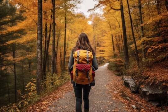 Back view of a young woman with a backpack hiking in the autumn forest, Autumn nature hiker girl walking in national park in Quebec with backpack, AI Generated