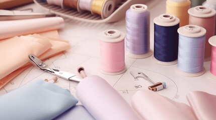Various pastel colored fabric rolls surrounded by sewing tools
