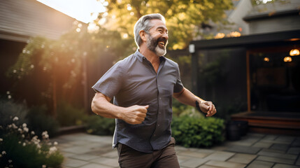 Portrait of a Smiling Man Dancing in the Backyard