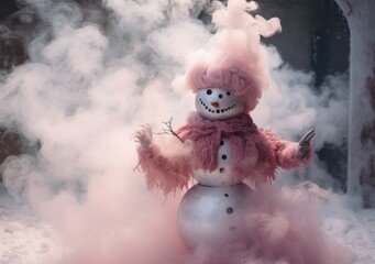 On a crisp winter's day, a cartoon snowman with soft pink hair and a matching scarf stands in the snow, ready to bring joy and cheer to the holiday season