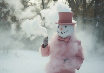 On a wintry holiday night, a jolly snowman wearing a unique pink suit and hat stands outdoors, emanating a festive spirit and joyous plumes of smoke