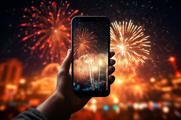 Handphone to the sky with fireworks on new year eve - Generative AI