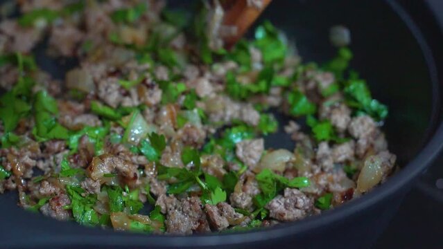 preparation of bourek stuffing with minced meat