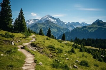 Fototapeta na wymiar Scenic hiking trail near Murnauer Moos with breathtaking Alpine panorama. Generative AI