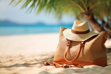 Summer Bag On Tropical Sand, Accessories Hat Towel With Leaves Palm And Blue Sea.