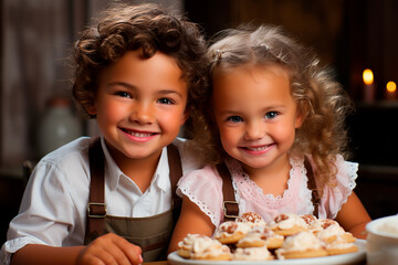 Generative AI image of portrait of cute smiling child cooks in aprons looking at camera while standing at kitchen table with cakes against blurred interior in light