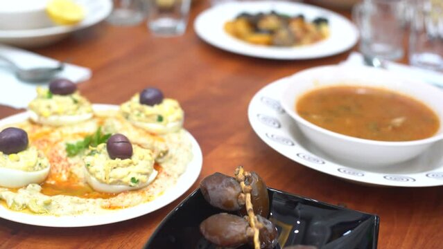 Close-up of a variety of food during Ramadan Iftar meal.