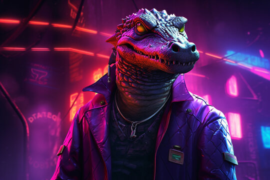 cyberpunk crocodile with light background