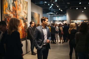 Crowd of art enthusiasts at an exhibition opening, Generative AI 