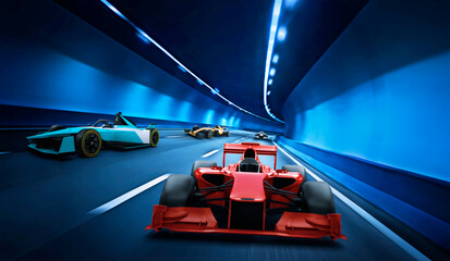 Fototapeta premium race car competition riding on tunnel. Car in fast motion. 3D Rendering.