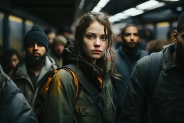 Crowded subway platform during rush hour, Generative AI