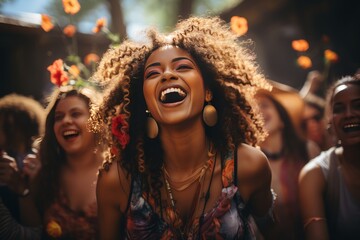 Group of friends enjoying a music festival together, Generative AI