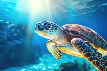 Fototapeta premium Close-up of a green sea turtle swimming underwater