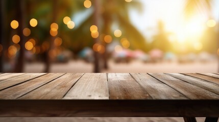 Wooden table and blur beach cafes background.