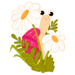 Cute snail character near daisy flowers in grass