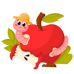 Cute cartoon worm character in the apple