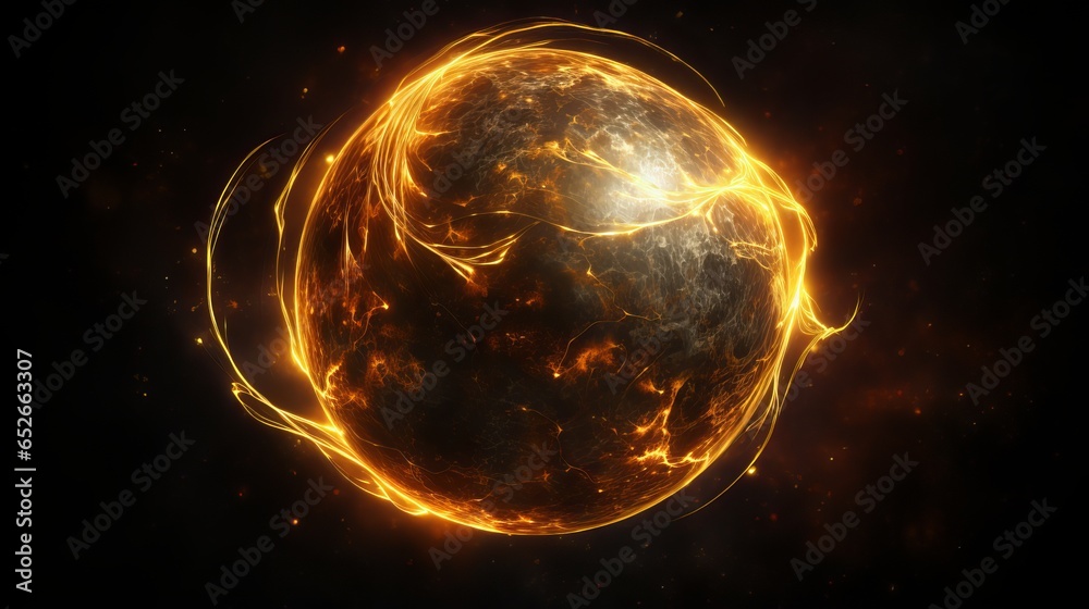 Sticker golden planet 3d render on dark background with bokeh, space concept