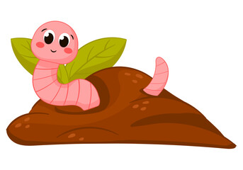 Cute eartworm character sitting in ground with leaves in cartoon style