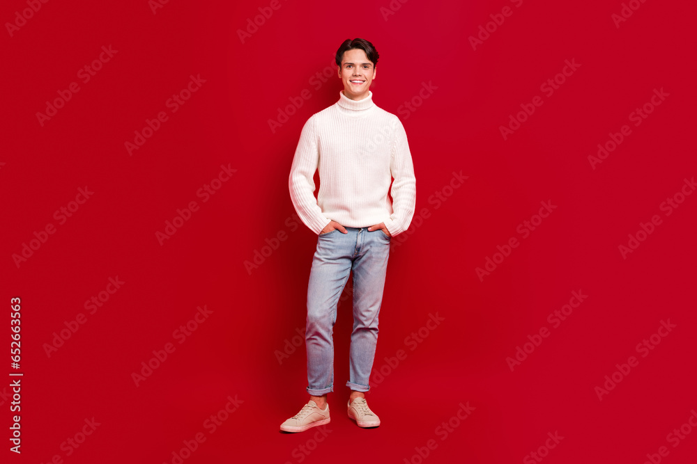 Poster full size portrait of nice positive person put hands pockets posing isolated on bright red color bac