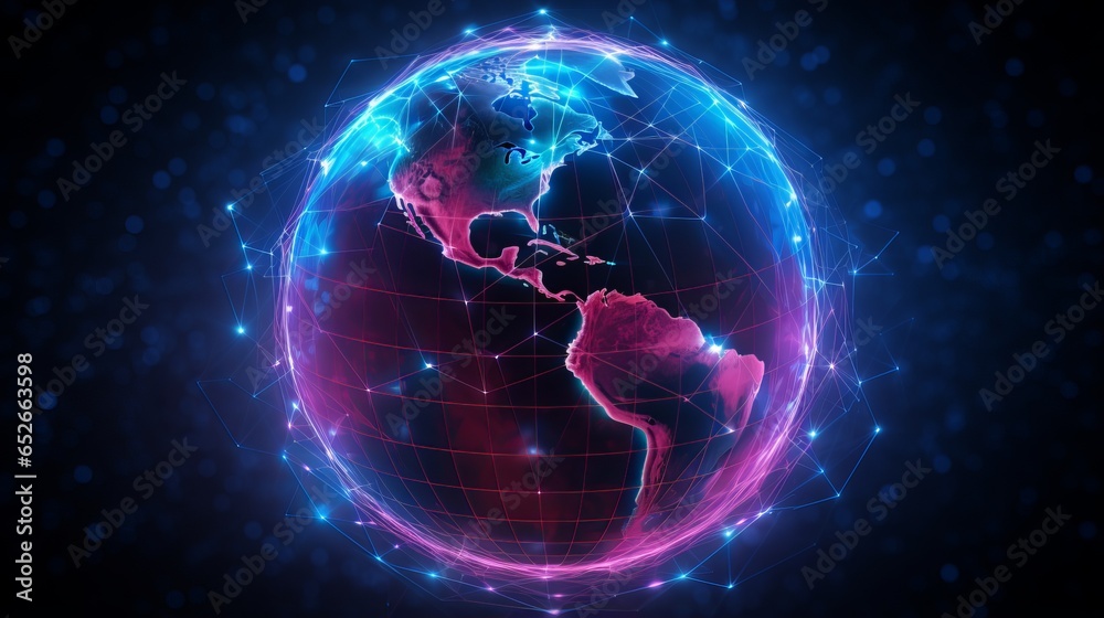 Wall mural technological progress: globe with neon nexus lines, grid, and nodes - world wide web concept 