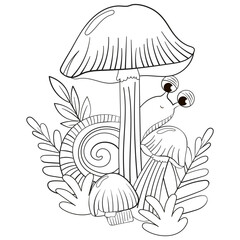 Coloring page with cute snail and mushrooms in grass for kids