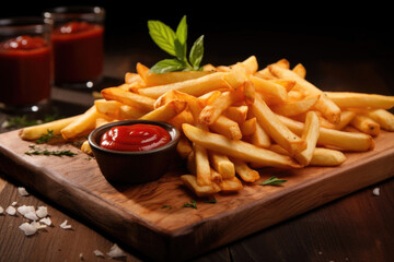 French fries with ketchup on a wooden board