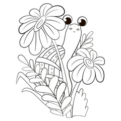 Coloring page with cute snail with daisy flowers in grass for kids