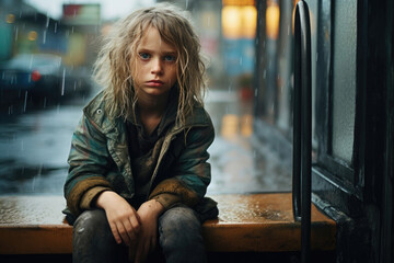 A little tramp boy is sitting on the steps in the rain - obrazy, fototapety, plakaty