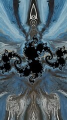 complex intricate Julia set type fractal pattern in black on a blue and grey design
