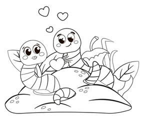 Coloring page with cute worms falling in love