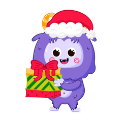 Cute Yeti character with santa hat with christmas gift boxes in cartoon style