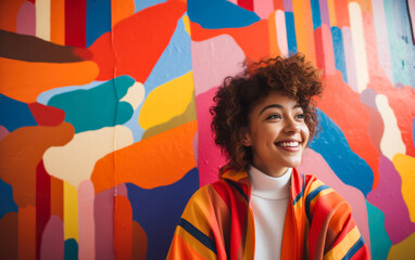 Happy young woman leaning against a colorful wall - obrazy, fototapety, plakaty
